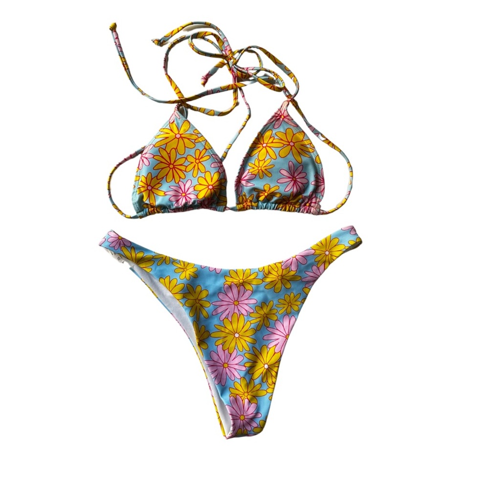 Retro Flower Thong Triangle Top Bikini Set